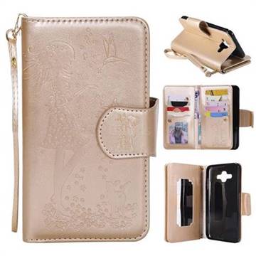 Embossing Cat Girl 9 Card Leather Wallet Case for Samsung Galaxy J7 Duo - Gold