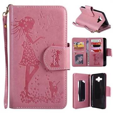 Embossing Cat Girl 9 Card Leather Wallet Case for Samsung Galaxy J7 Duo - Pink