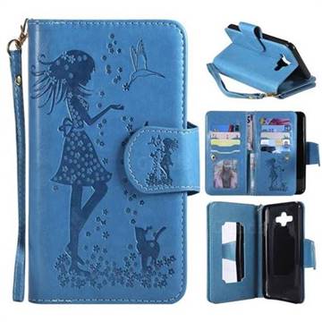 Embossing Cat Girl 9 Card Leather Wallet Case for Samsung Galaxy J7 Duo - Blue