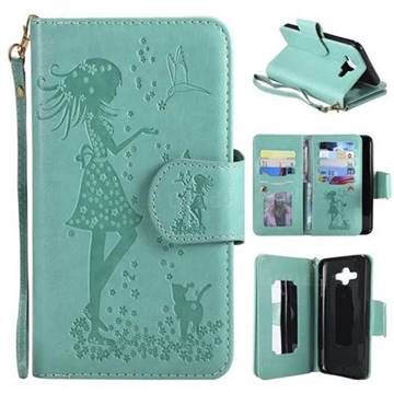 Embossing Cat Girl 9 Card Leather Wallet Case for Samsung Galaxy J7 Duo - Green