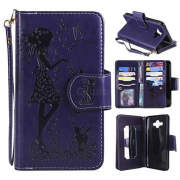 Embossing Cat Girl 9 Card Leather Wallet Case for Samsung Galaxy J7 Duo - Purple
