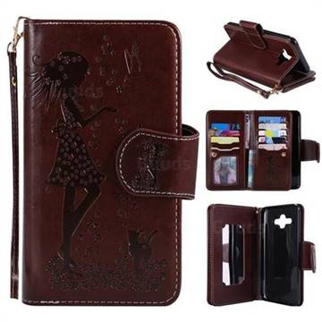 Embossing Cat Girl 9 Card Leather Wallet Case for Samsung Galaxy J7 Duo - Brown
