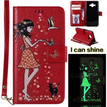Luminous Flower Girl Cat Leather Wallet Case for Samsung Galaxy J7 Duo - Red