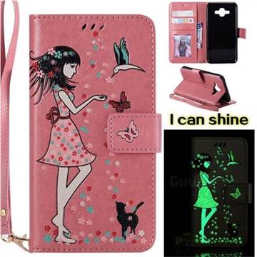 Luminous Flower Girl Cat Leather Wallet Case for Samsung Galaxy J7 Duo - Hot Pink