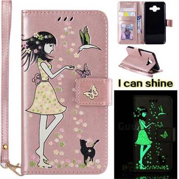 Luminous Flower Girl Cat Leather Wallet Case for Samsung Galaxy J7 Duo - Light Pink