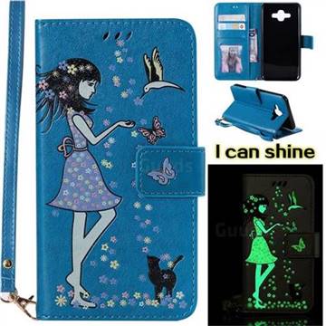 Luminous Flower Girl Cat Leather Wallet Case for Samsung Galaxy J7 Duo - Blue