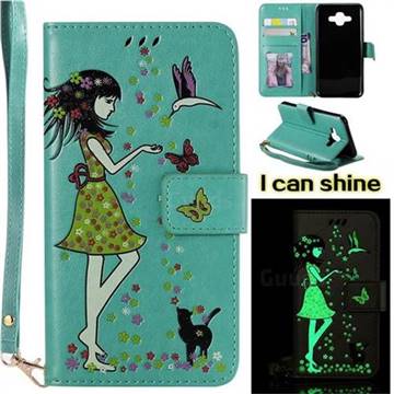 Luminous Flower Girl Cat Leather Wallet Case for Samsung Galaxy J7 Duo - Green