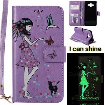 Luminous Flower Girl Cat Leather Wallet Case for Samsung Galaxy J7 Duo - Purple