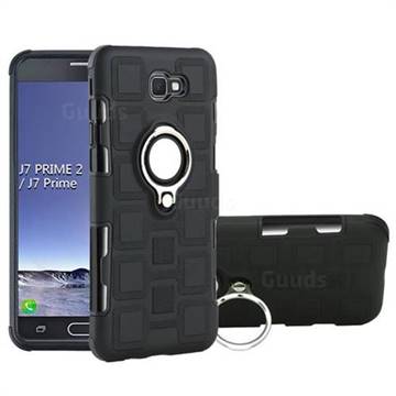 Ice Cube Shockproof PC + Silicon Invisible Ring Holder Phone Case for Samsung Galaxy J7 Prime G610 - Black