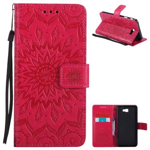 Embossing Sunflower Leather Wallet Case for Samsung Galaxy J7 Prime G610 - Red