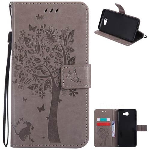 Embossing Butterfly Tree Leather Wallet Case for Samsung Galaxy J7 Prime G610 - Grey