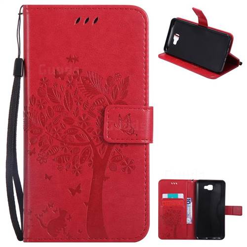 Embossing Butterfly Tree Leather Wallet Case for Samsung Galaxy J7 Prime G610 - Red