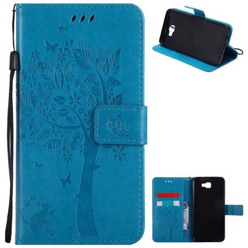 Embossing Butterfly Tree Leather Wallet Case for Samsung Galaxy J7 Prime G610 - Blue