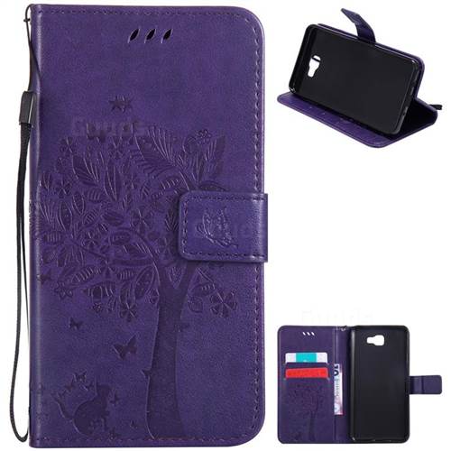 Embossing Butterfly Tree Leather Wallet Case for Samsung Galaxy J7 Prime G610 - Purple