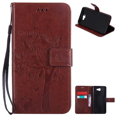 Embossing Butterfly Tree Leather Wallet Case for Samsung Galaxy J7 Prime G610 - Brown