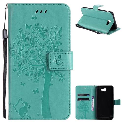 Embossing Butterfly Tree Leather Wallet Case for Samsung Galaxy J7 Prime G610 - Cyan