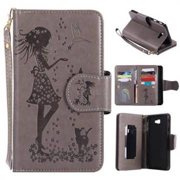 Embossing Cat Girl 9 Card Leather Wallet Case for Samsung Galaxy J7 Prime G610 - Gray