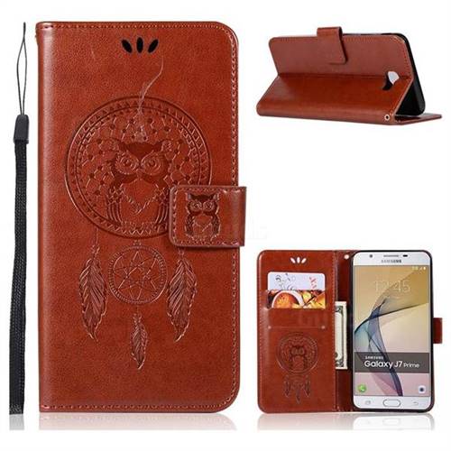 Intricate Embossing Owl Campanula Leather Wallet Case for Samsung Galaxy J7 Prime G610 - Brown