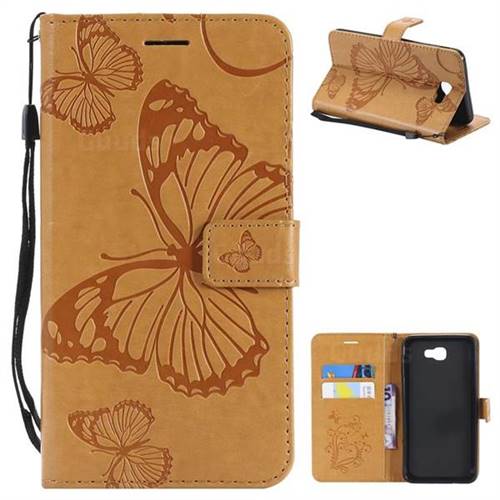 Embossing 3D Butterfly Leather Wallet Case for Samsung Galaxy J7 Prime G610 - Yellow
