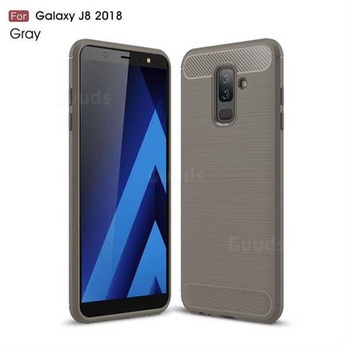 Luxury Carbon Fiber Brushed Wire Drawing Silicone TPU Back Cover for Samsung Galaxy J8 - Gray