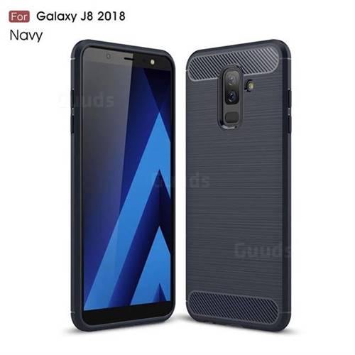 Luxury Carbon Fiber Brushed Wire Drawing Silicone TPU Back Cover for Samsung Galaxy J8 - Navy