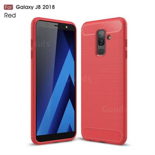 Luxury Carbon Fiber Brushed Wire Drawing Silicone TPU Back Cover for Samsung Galaxy J8 - Red