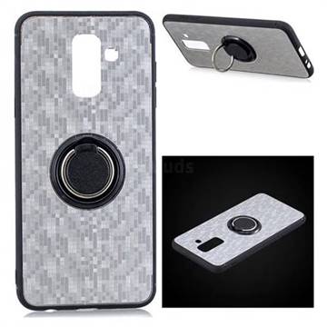 Luxury Mosaic Metal Silicone Invisible Ring Holder Soft Phone Case for Samsung Galaxy J8 - Titanium Silver