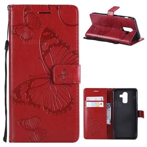 Embossing 3D Butterfly Leather Wallet Case for Samsung Galaxy J8 - Red
