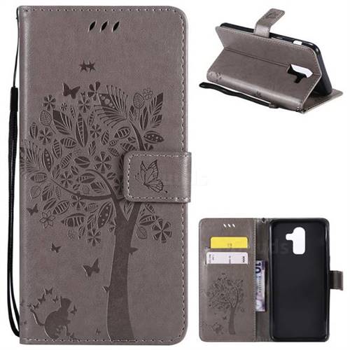 Embossing Butterfly Tree Leather Wallet Case for Samsung Galaxy J8 - Grey