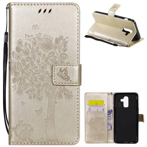 Embossing Butterfly Tree Leather Wallet Case for Samsung Galaxy J8 - Champagne