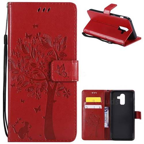 Embossing Butterfly Tree Leather Wallet Case for Samsung Galaxy J8 - Red