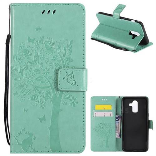 Embossing Butterfly Tree Leather Wallet Case for Samsung Galaxy J8 - Cyan