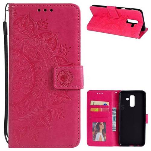 Intricate Embossing Datura Leather Wallet Case for Samsung Galaxy J8 - Rose Red