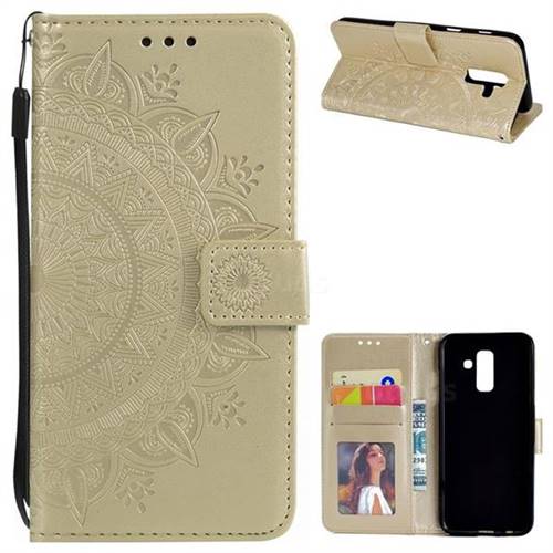 Intricate Embossing Datura Leather Wallet Case for Samsung Galaxy J8 - Golden