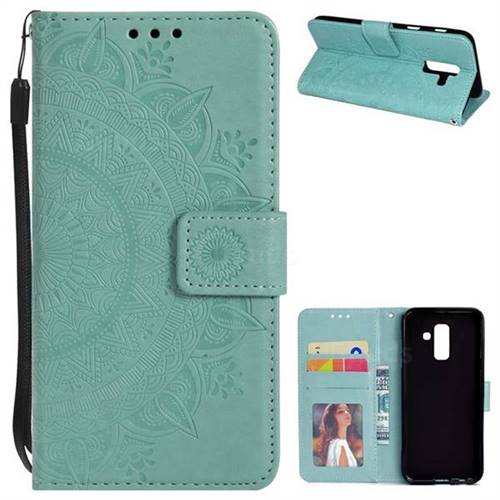 Intricate Embossing Datura Leather Wallet Case for Samsung Galaxy J8 - Mint Green
