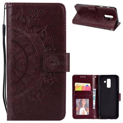 Intricate Embossing Datura Leather Wallet Case for Samsung Galaxy J8 - Brown