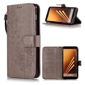 Intricate Embossing Dandelion Butterfly Leather Wallet Case for Samsung Galaxy J8 - Gray