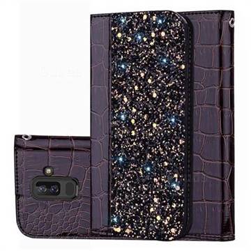 Shiny Crocodile Pattern Stitching Magnetic Closure Flip Holster Shockproof Phone Cases for Samsung Galaxy J8 - Black Brown