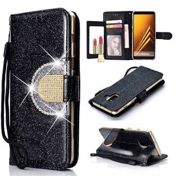 Glitter Diamond Buckle Splice Mirror Leather Wallet Phone Case for Samsung Galaxy J8 - Black
