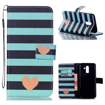 Blue Stripe Heart Leather Wallet Phone Case for Samsung Galaxy J8