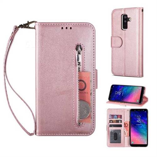 Retro Calfskin Zipper Leather Wallet Case Cover for Samsung Galaxy J8 - Rose Gold