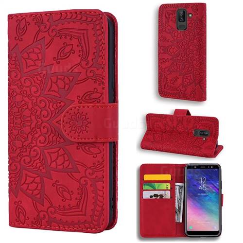 Retro Embossing Mandala Flower Leather Wallet Case for Samsung Galaxy J8 - Red