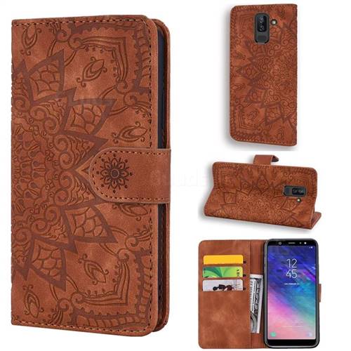 Retro Embossing Mandala Flower Leather Wallet Case for Samsung Galaxy J8 - Brown