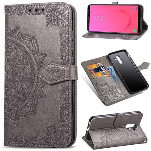 Embossing Imprint Mandala Flower Leather Wallet Case for Samsung Galaxy J8 - Gray