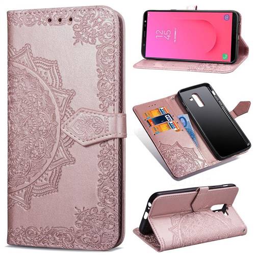 Embossing Imprint Mandala Flower Leather Wallet Case for Samsung Galaxy J8 - Rose Gold