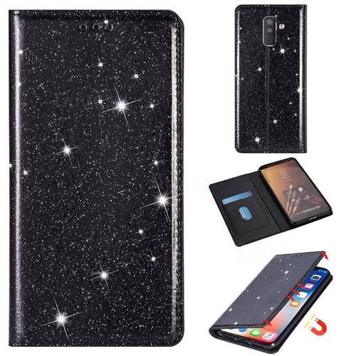 Ultra Slim Glitter Powder Magnetic Automatic Suction Leather Wallet Case for Samsung Galaxy J8 - Black