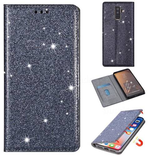 Ultra Slim Glitter Powder Magnetic Automatic Suction Leather Wallet Case for Samsung Galaxy J8 - Gray