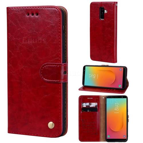 Luxury Retro Oil Wax PU Leather Wallet Phone Case for Samsung Galaxy J8 - Brown Red