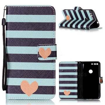 Blue Stripe Heart Leather Wallet Phone Case for Google Pixel