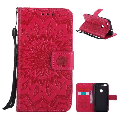 Embossing Sunflower Leather Wallet Case for Google Pixel - Red